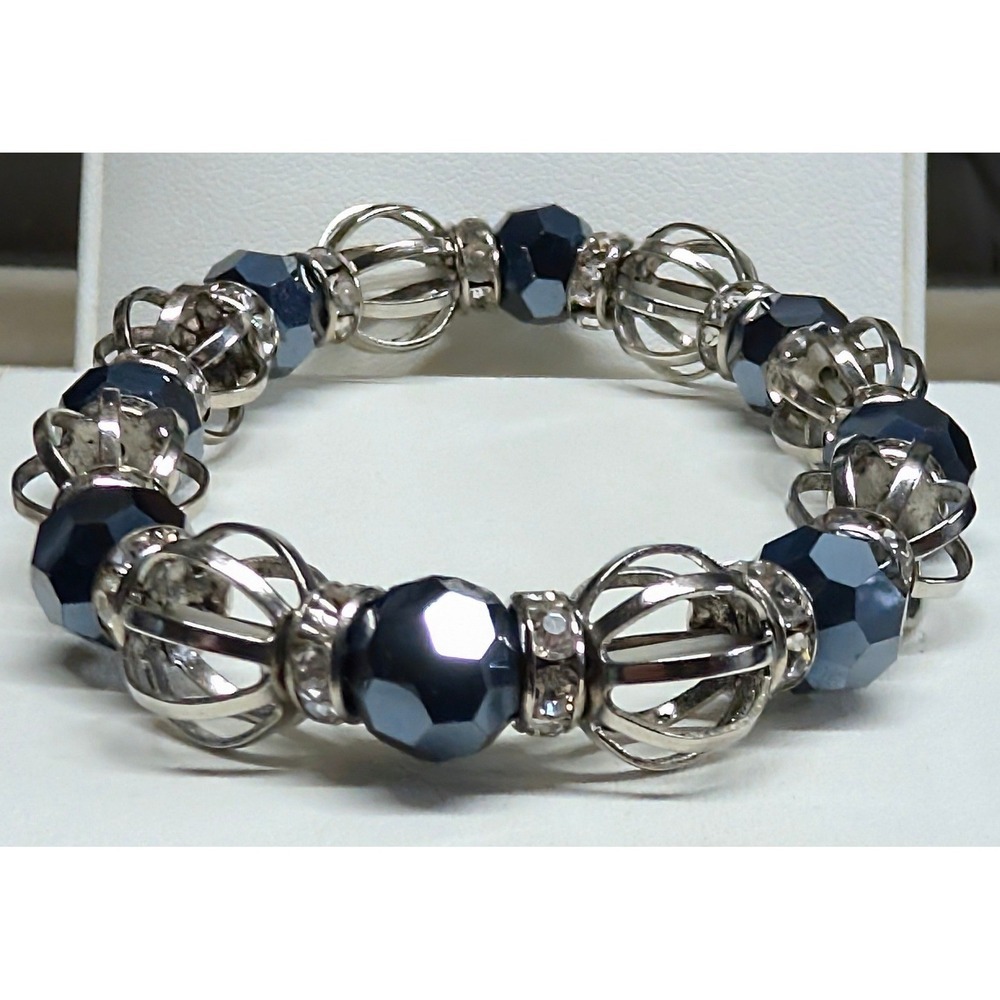 New Beaded Stretch Bracelet Silver Tone Blue Faceted Clear Rhinestone Cage Beads